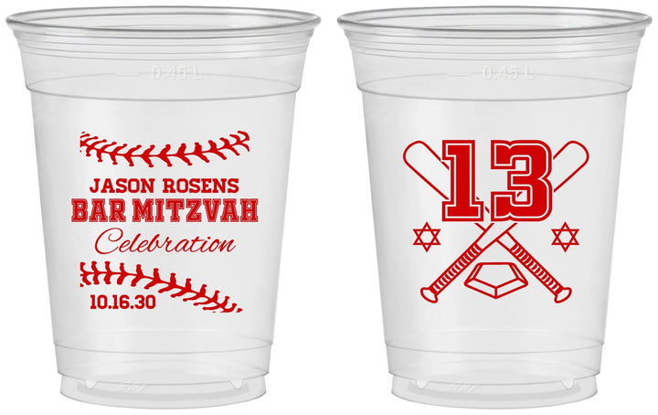 Custom Bar Mitzvah 16 oz Soft Sided Clear Cups - 13th Birthday Baseball | 110005