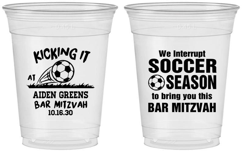 Custom Bar Mitzvah 16 oz Soft Sided Clear Cups - 13th Birthday Soccer | 110009
