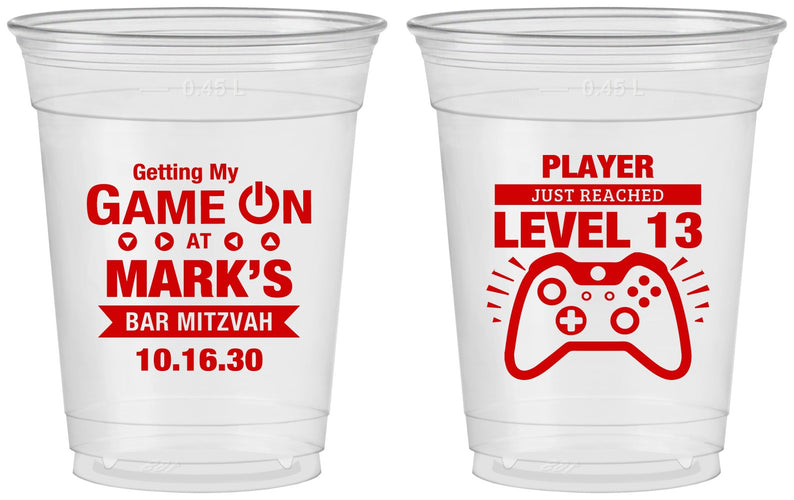 Custom Bar Mitzvah 16 oz Soft Sided Clear Cups - 13th Birthday Video Game | 110013