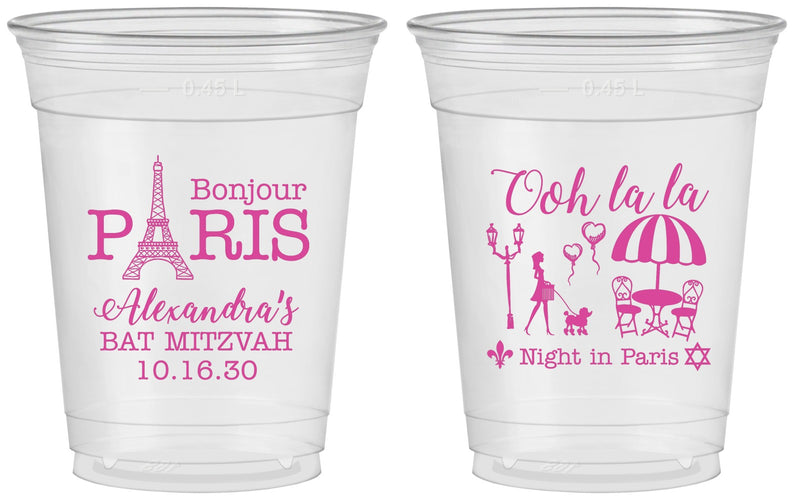 Custom Bat Mitzvah 16 oz Soft Sided Clear Cups - 12th Birthday Paris | 120004
