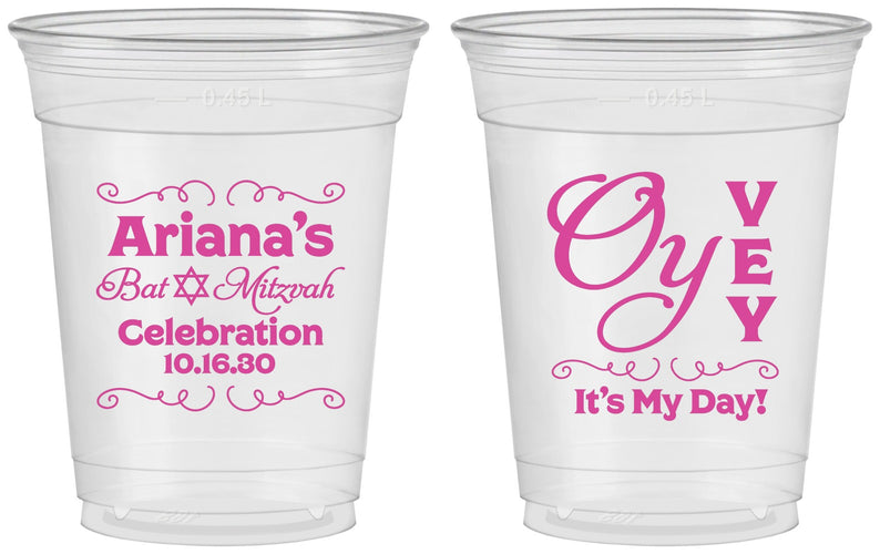 Custom Bat Mitzvah 16 oz Soft Sided Clear Cups - 12th Birthday Oy Vey | 120008