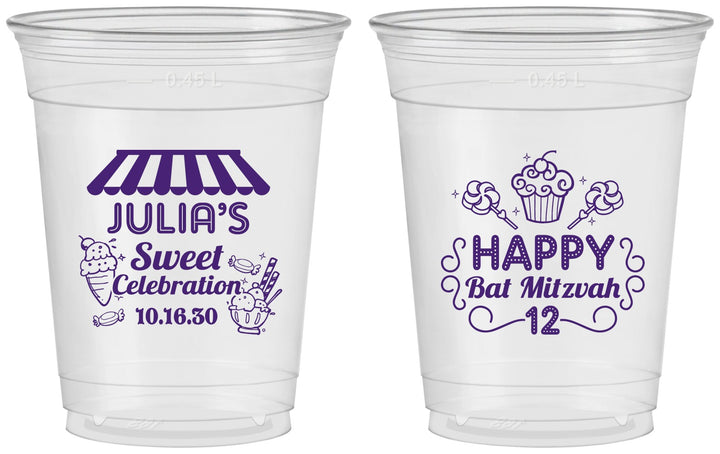 Custom Bat Mitzvah 16 oz Soft Sided Clear Cups - 12th Birthday Cupcake | 120010