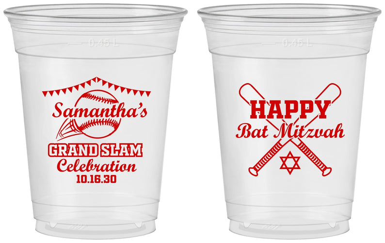 Custom Bat Mitzvah 16 oz Soft Sided Clear Cups - 12th Birthday Softball | 120012