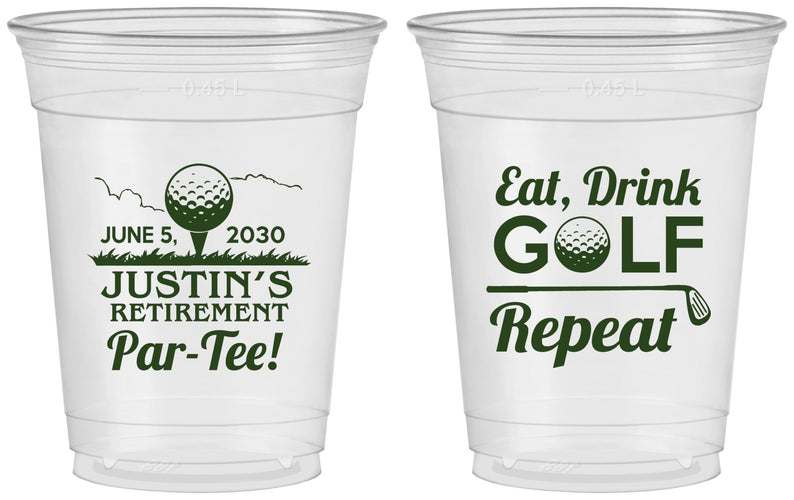 Custom Retirement 16 oz Soft Sided Clear Cups - Eat Drink Golf Repeat | 150005