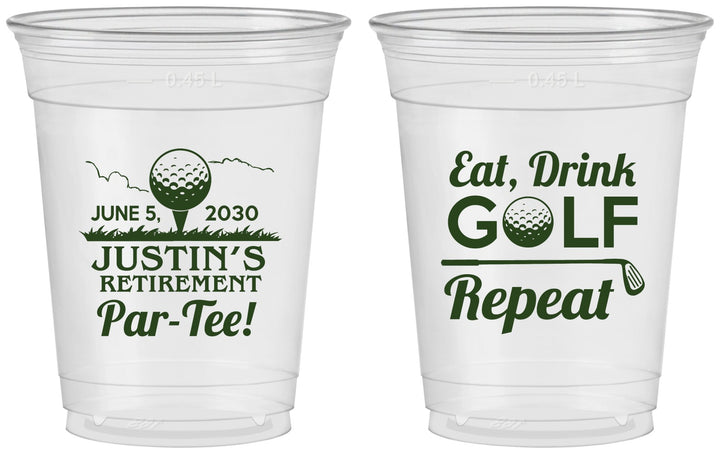 Custom Retirement 16 oz Soft Sided Clear Cups - Eat Drink Golf Repeat | 150005