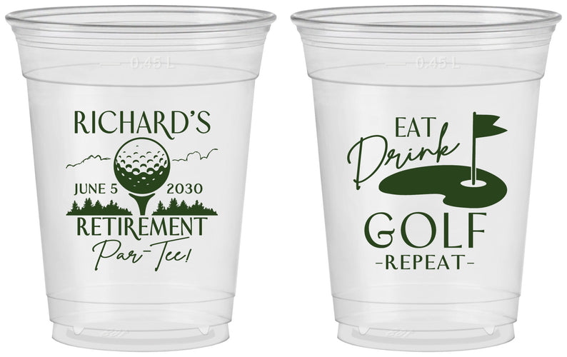 Custom Retirement 16 oz Soft Sided Clear Cups - Eat Drink Golf Repeat | 150006