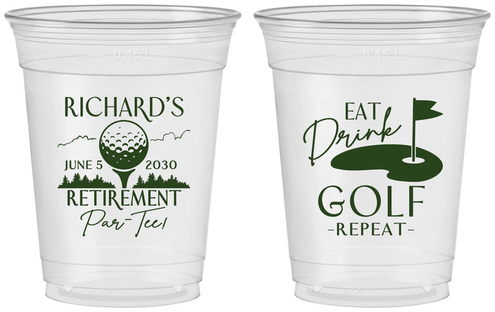 Custom Retirement 16 oz Soft Sided Clear Cups - Eat Drink Golf Repeat | 150006