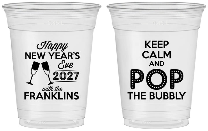 Custom New Years 16 oz Soft Sided Clear Cups - 2027 Pop The Bubbly | 170006