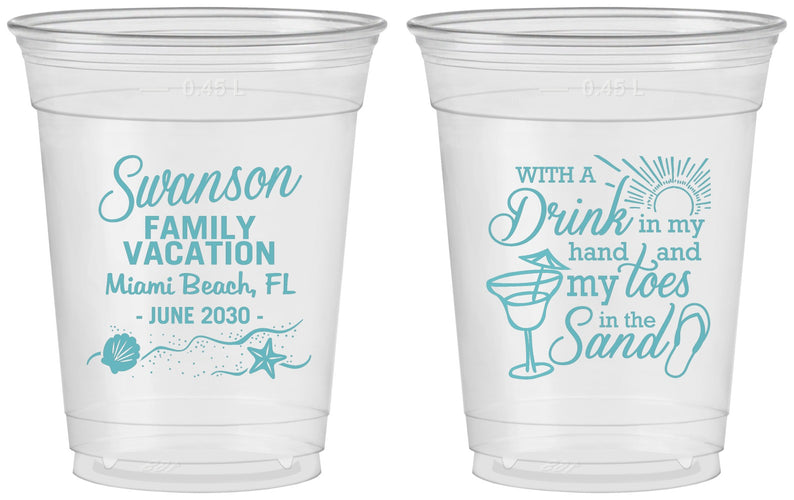 Custom Family Vacation 16 oz Soft Sided Clear Cups - Beach Toes In The Sand | 180000