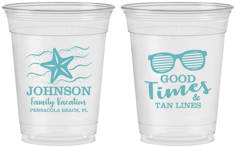 Custom Family Vacation 16 oz Soft Sided Clear Cups - Good Times Tan Lines | 180003