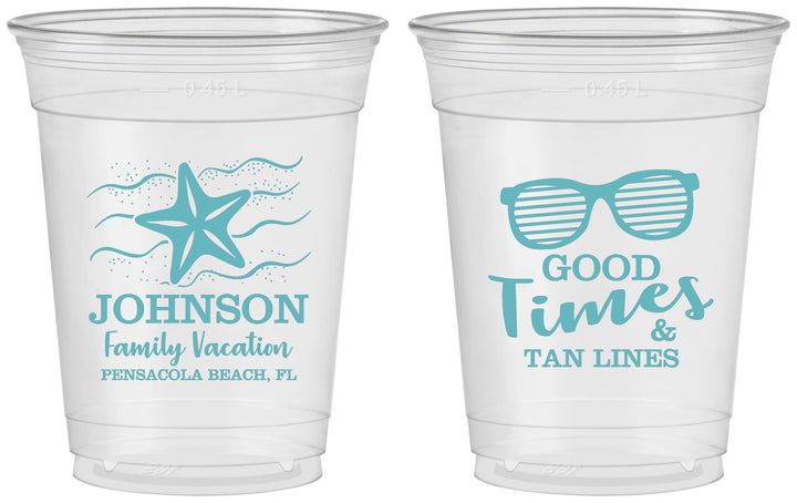 Custom Family Vacation 16 oz Soft Sided Clear Cups - Good Times Tan Lines | 180003