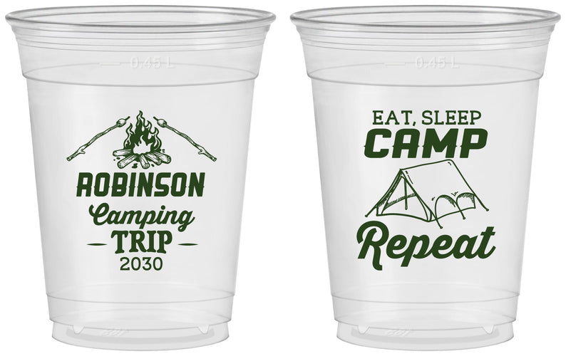 Custom Family Vacation 16 oz Soft Sided Clear Cups - Eat Sleep Camp Repeat | 180014