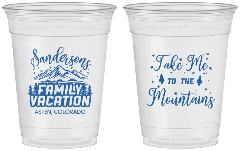 Custom Family Vacation 16 oz Soft Sided Clear Cups - Ski Trip Peaks | 180023