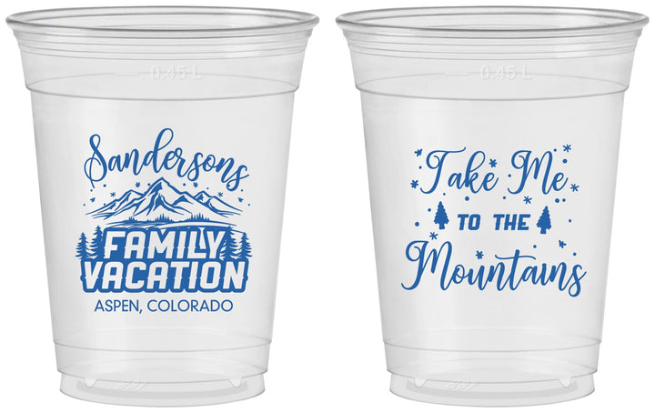 Custom Family Vacation 16 oz Soft Sided Clear Cups - Ski Trip Peaks | 180023