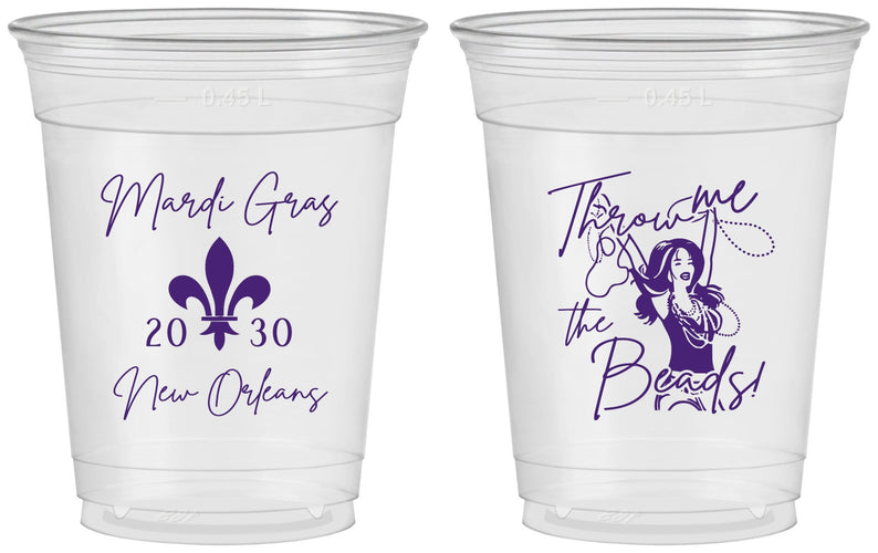 Custom Mardi Gras 16 oz Soft Sided Clear Cups - Throw Me The Beads | 190008