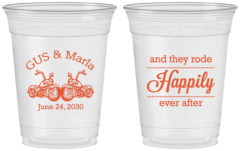 Custom Wedding 16 oz Soft Sided Clear Cups - Happily Ever After Motorcycle | 200