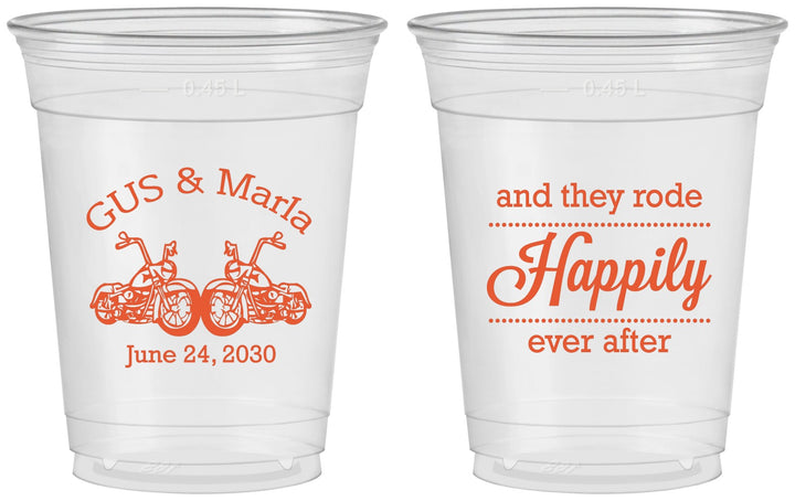 Custom Wedding 16 oz Soft Sided Clear Cups - Happily Ever After Motorcycle | 200