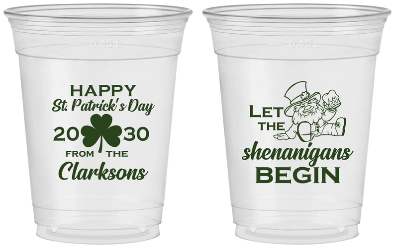 Custom St Patricks Day 16 oz Soft Sided Clear Cups - Shenanigans Leprechaun | 200011
