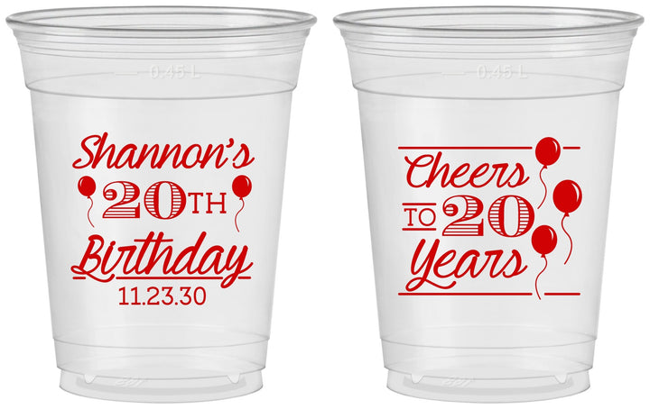 Custom Birthday 16 oz Soft Sided Clear Cups - Cheers To 20 Years | 20004