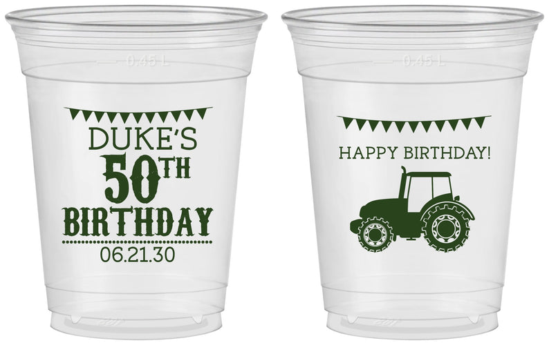 Custom Birthday 16 oz Soft Sided Clear Cups - 50th Tractor | 20005