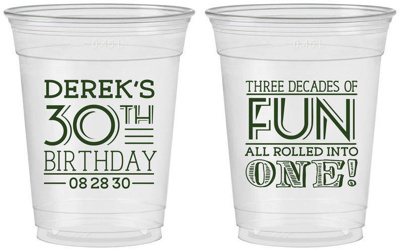Custom Birthday 16 oz Soft Sided Clear Cups - 30th Three Decades Of Fun | 20020
