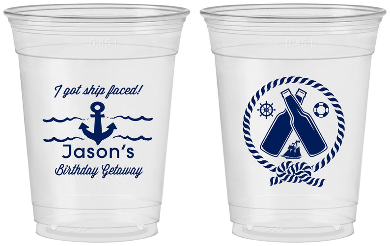 Custom Birthday 16 oz Soft Sided Clear Cups - Ship Faced Nautical | 20024