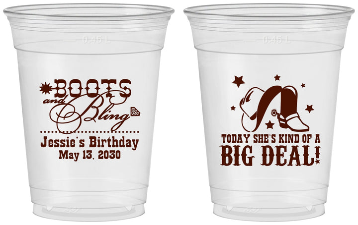 Custom Birthday 16 oz Soft Sided Clear Cups - Boots And Bling | 20038