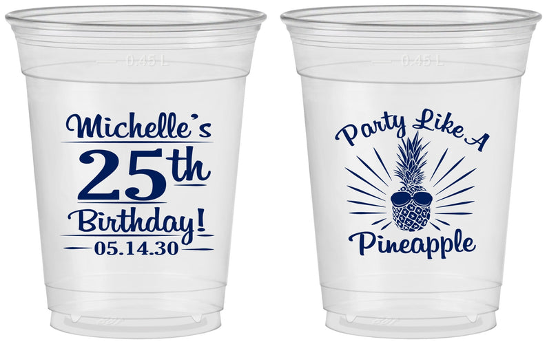 Custom Birthday 16 oz Soft Sided Clear Cups - 25th Pineapple | 20043