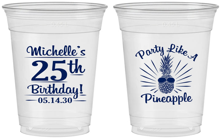 Custom Birthday 16 oz Soft Sided Clear Cups - 25th Pineapple | 20043