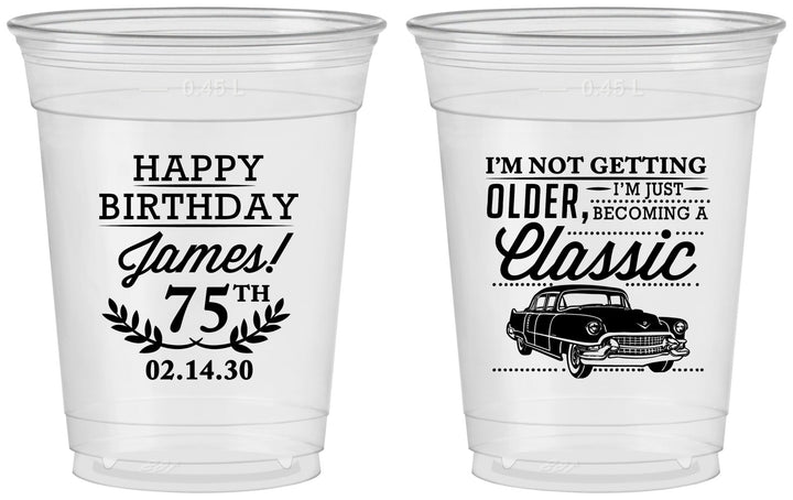Custom Birthday 16 oz Soft Sided Clear Cups - 75th Classic Car | 20055