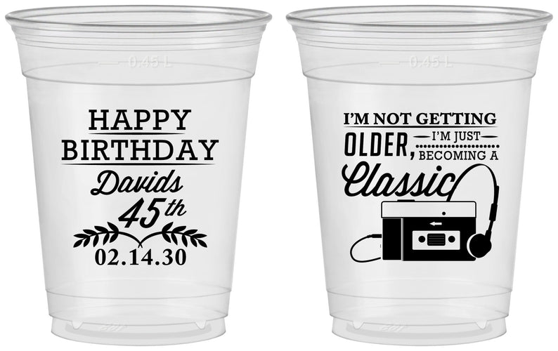 Custom Birthday 16 oz Soft Sided Clear Cups - 45th Cassette Tape | 20059