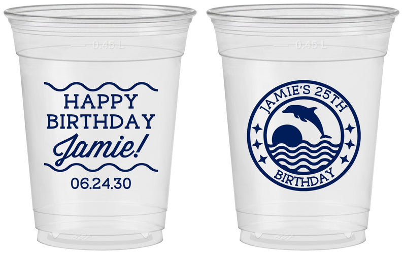 Custom Birthday 16 oz Soft Sided Clear Cups - 25th Dolphins | 20077