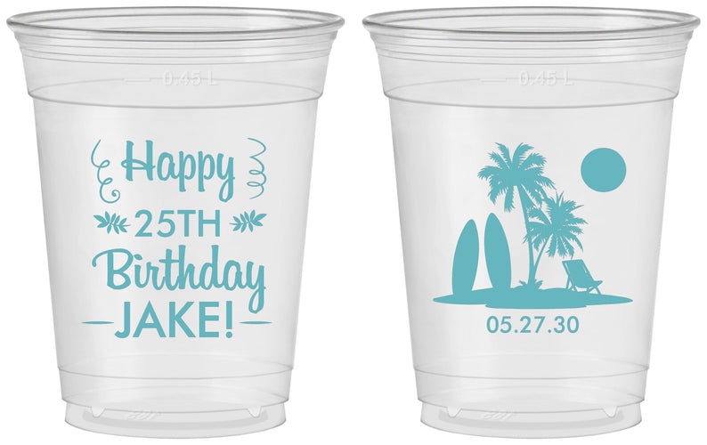 Custom Birthday 16 oz Soft Sided Clear Cups - 25th Beach | 20079