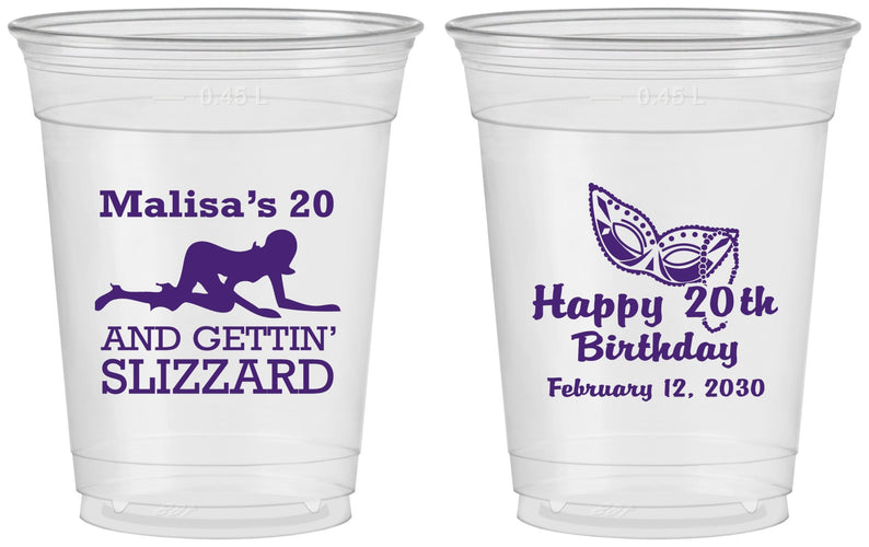 Custom Birthday 16 oz Soft Sided Clear Cups - 20th Mardi Gras | 20084