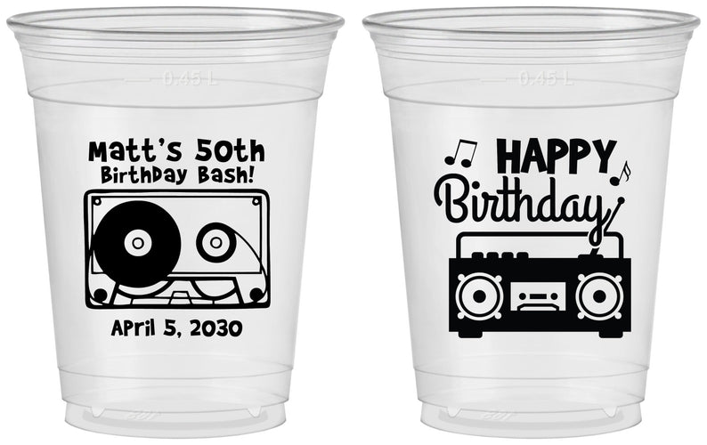 Custom Birthday 16 oz Soft Sided Clear Cups - 50th Cassette Tape | 20117