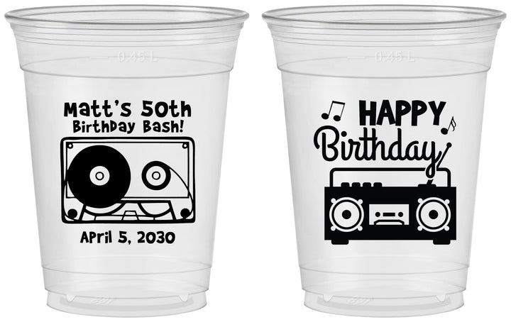 Custom Birthday 16 oz Soft Sided Clear Cups - 50th Cassette Tape | 20117