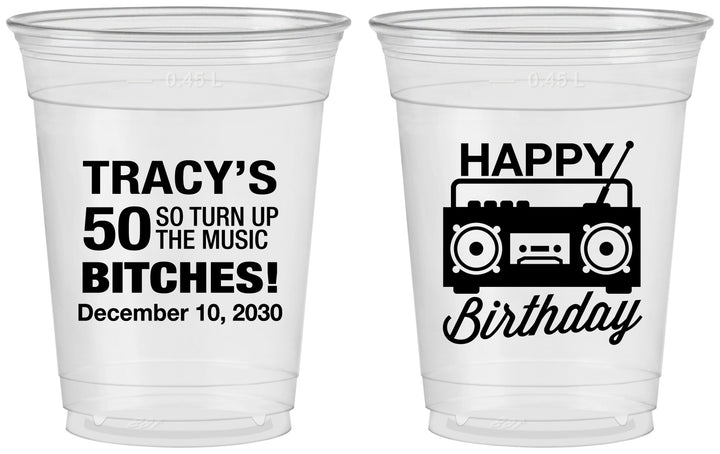 Custom Birthday 16 oz Soft Sided Clear Cups - 50th Cassette Tape | 20118