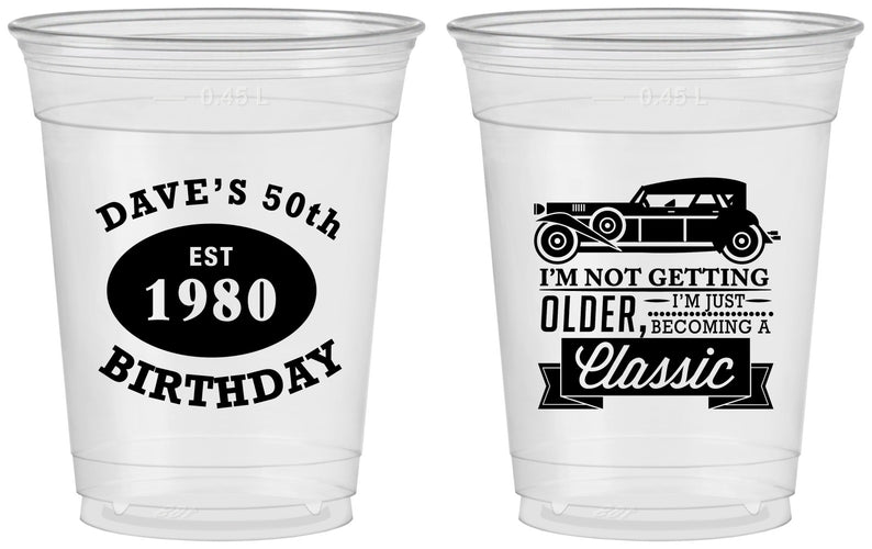 Custom Birthday 16 oz Soft Sided Clear Cups - 50th Classic Car | 20156