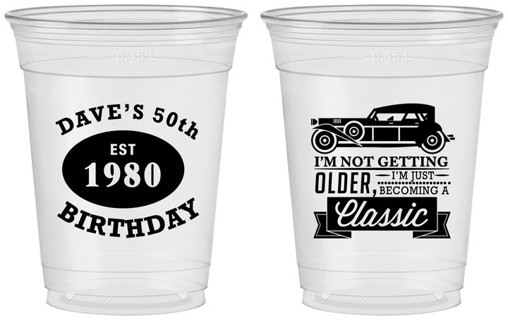 Custom Birthday 16 oz Soft Sided Clear Cups - 50th Classic Car | 20156