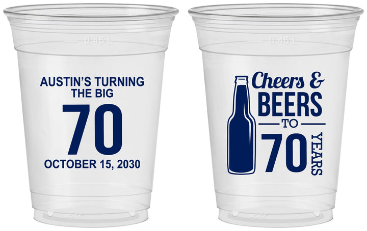 Custom Birthday 16 oz Soft Sided Clear Cups - Cheers Beers To 70 Years | 20161