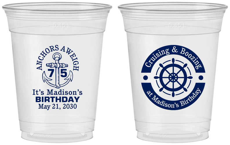 Custom Birthday 16 oz Soft Sided Clear Cups - 75th Nautical | 20178
