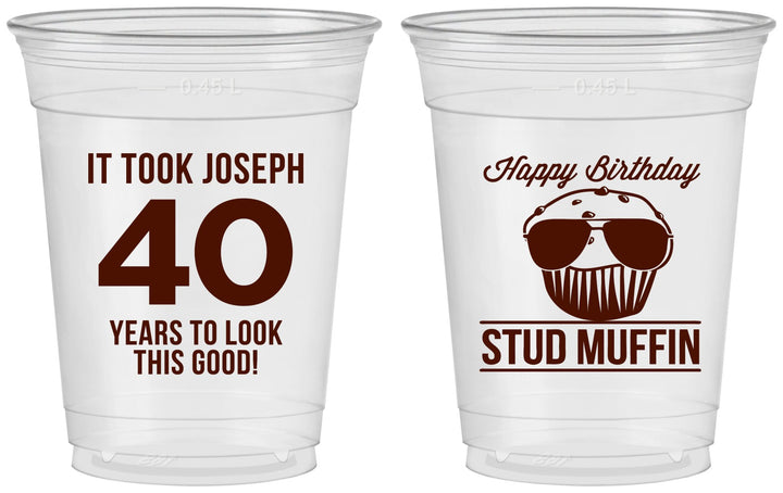 Custom Birthday 16 oz Soft Sided Clear Cups - 40th Stud Muffin | 20183
