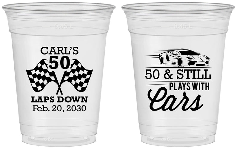 Custom Birthday 16 oz Soft Sided Clear Cups - 50th Race Car | 20187