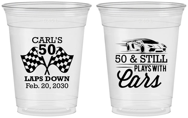 Custom Birthday 16 oz Soft Sided Clear Cups - 50th Race Car | 20187