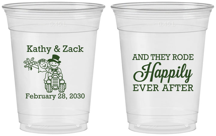 Custom Wedding 16 oz Soft Sided Clear Cups - Happily Ever After Tractor | 202