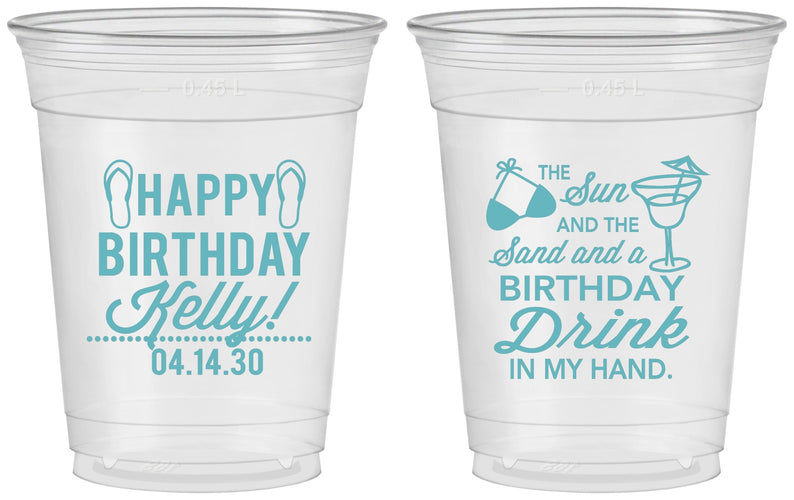 Custom Birthday 16 oz Soft Sided Clear Cups - Sun Sand Drink Hand | 20202