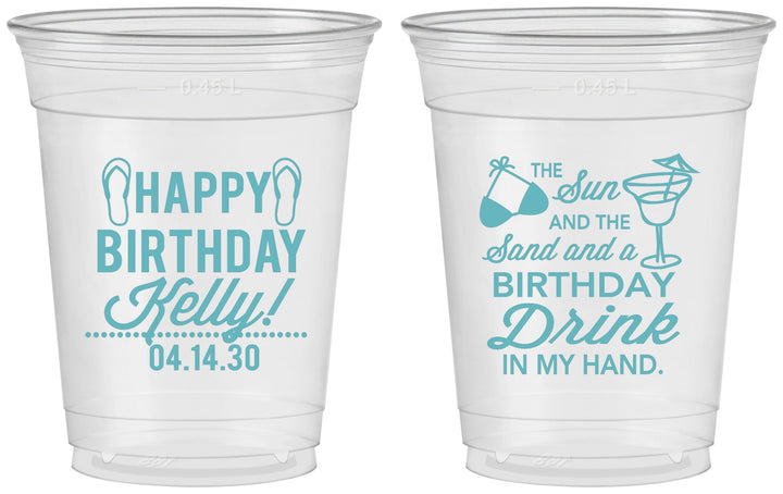 Custom Birthday 16 oz Soft Sided Clear Cups - Sun Sand Drink Hand | 20202