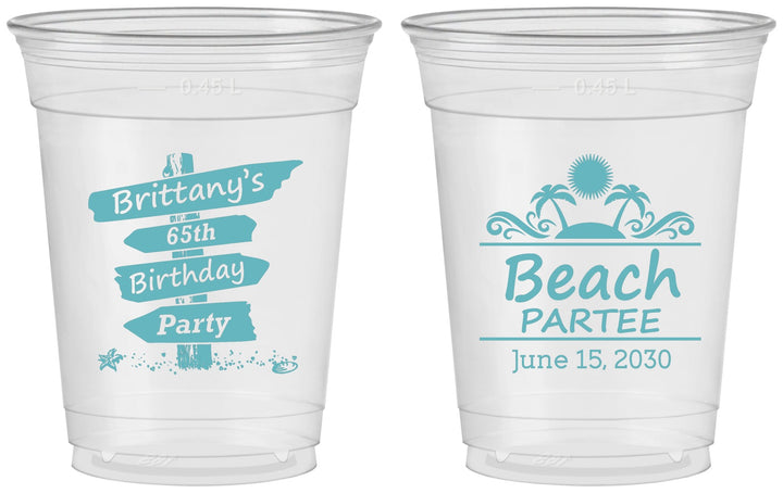 Custom Birthday 16 oz Soft Sided Clear Cups - 65th Beach | 20210
