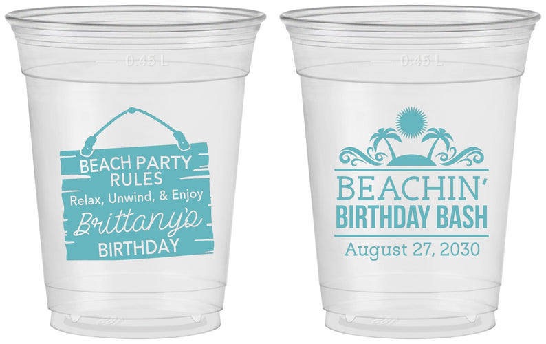 Custom Birthday 16 oz Soft Sided Clear Cups - Beach | 20211