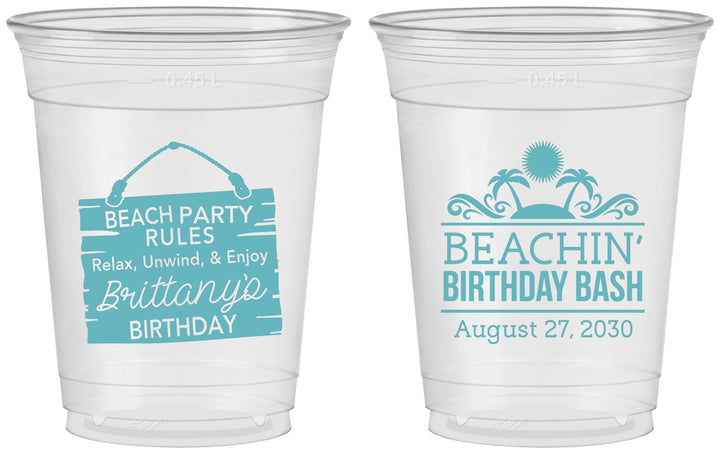 Custom Birthday 16 oz Soft Sided Clear Cups - Beach | 20211